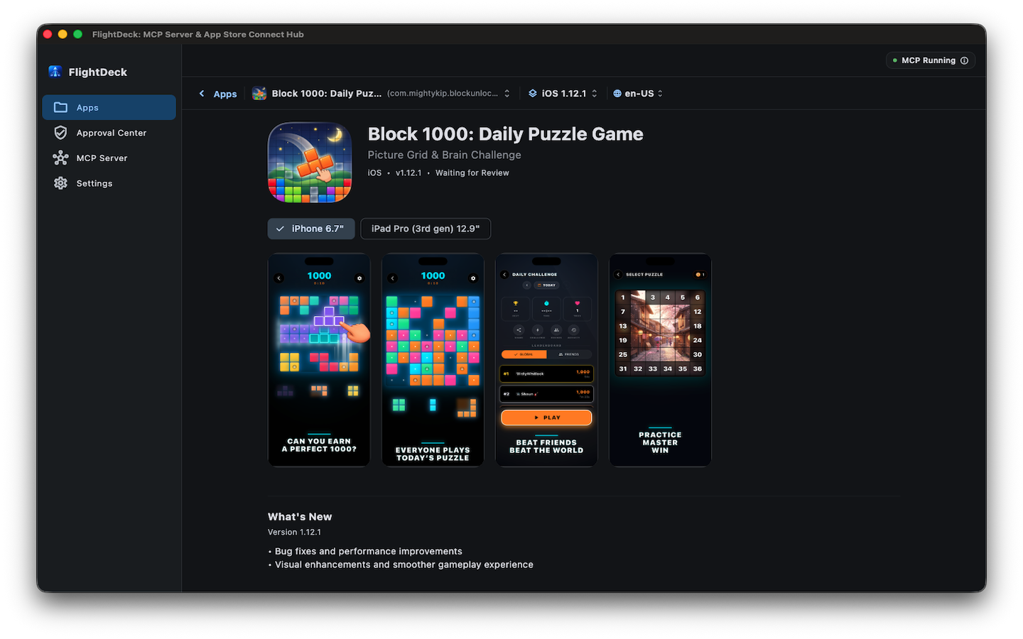 FlightDeck Storefront Preview displaying Block 1000 with iPhone and iPad Pro device tabs, localized release notes, and version readiness status