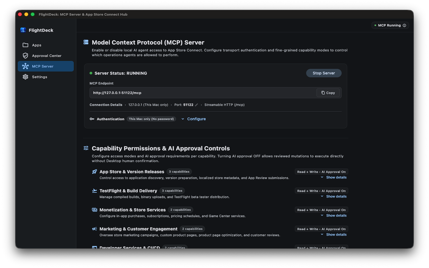 FlightDeck MCP Server settings showing Capability Permissions and AI Approval Controls across functional domains