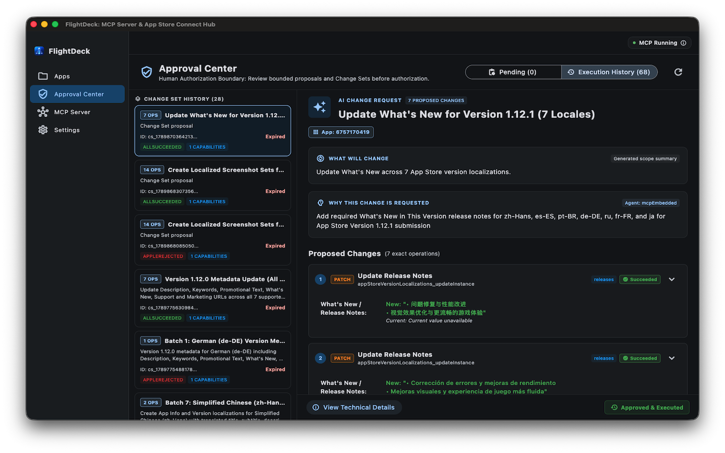 FlightDeck Approval Center displaying an AI change request across 7 localizations with exact operations, localization diffs, and approval status